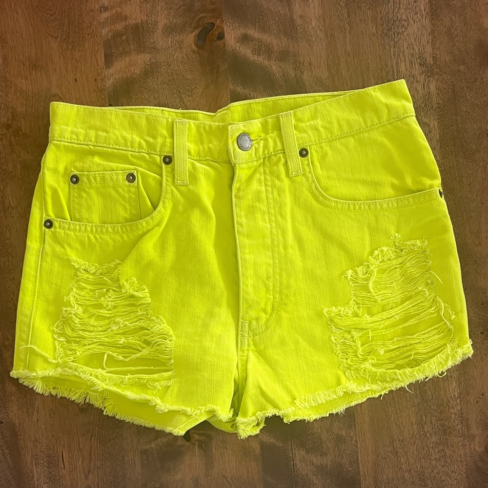 Carmar Neon Yellow Distressed High-Rise Denim Shorts